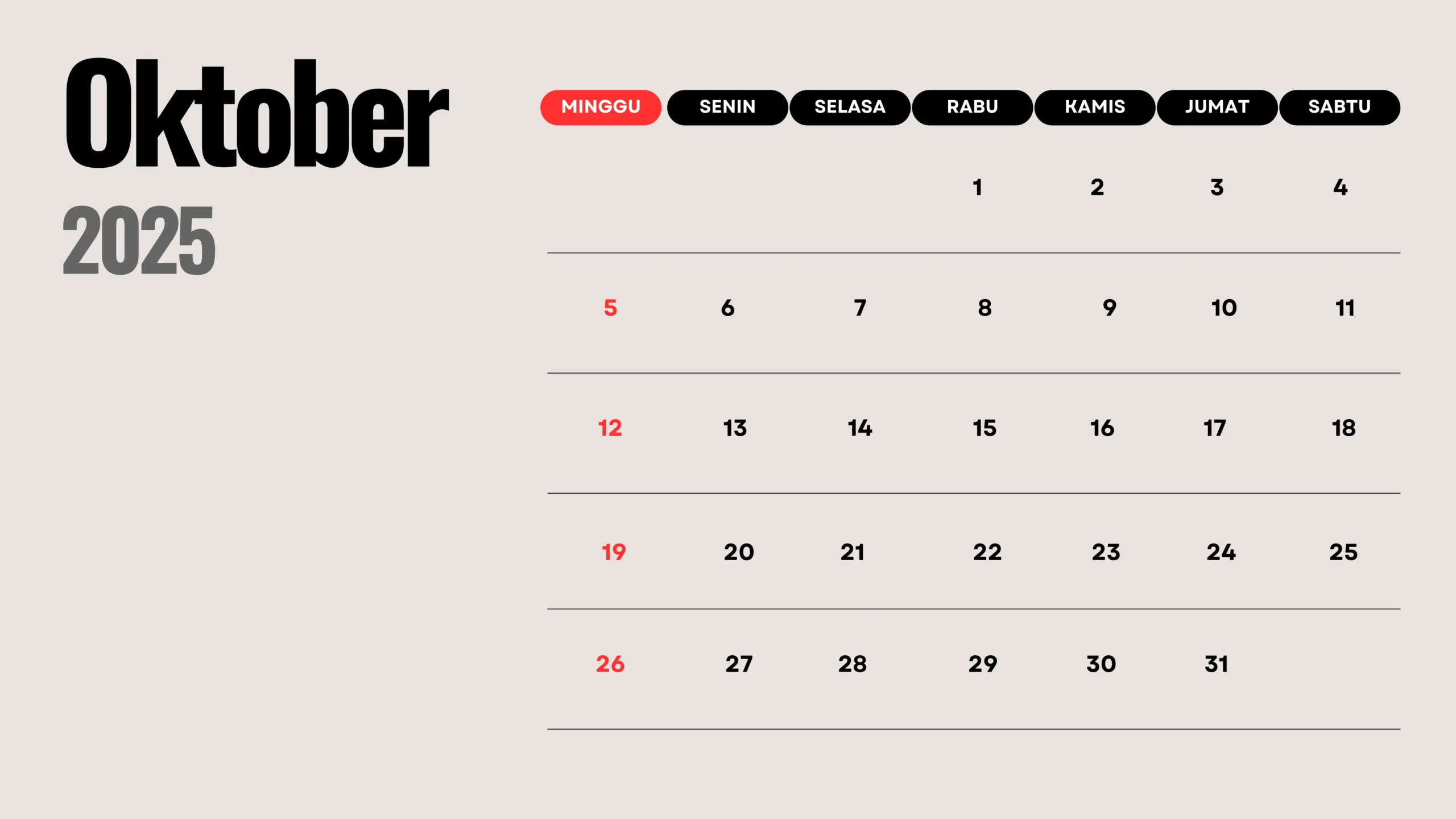 Kalender 2025 Oktober