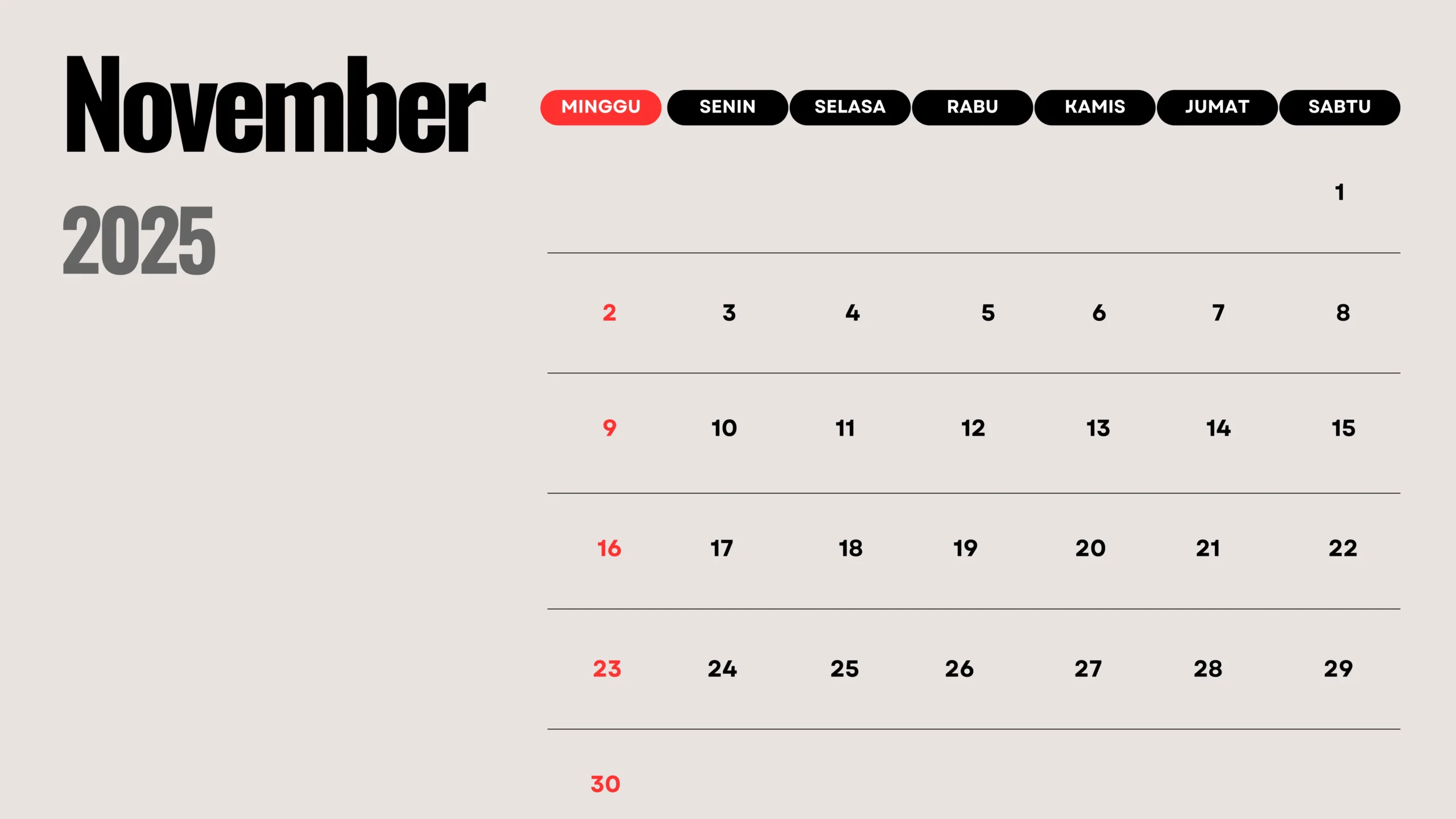Kalender 2025 November