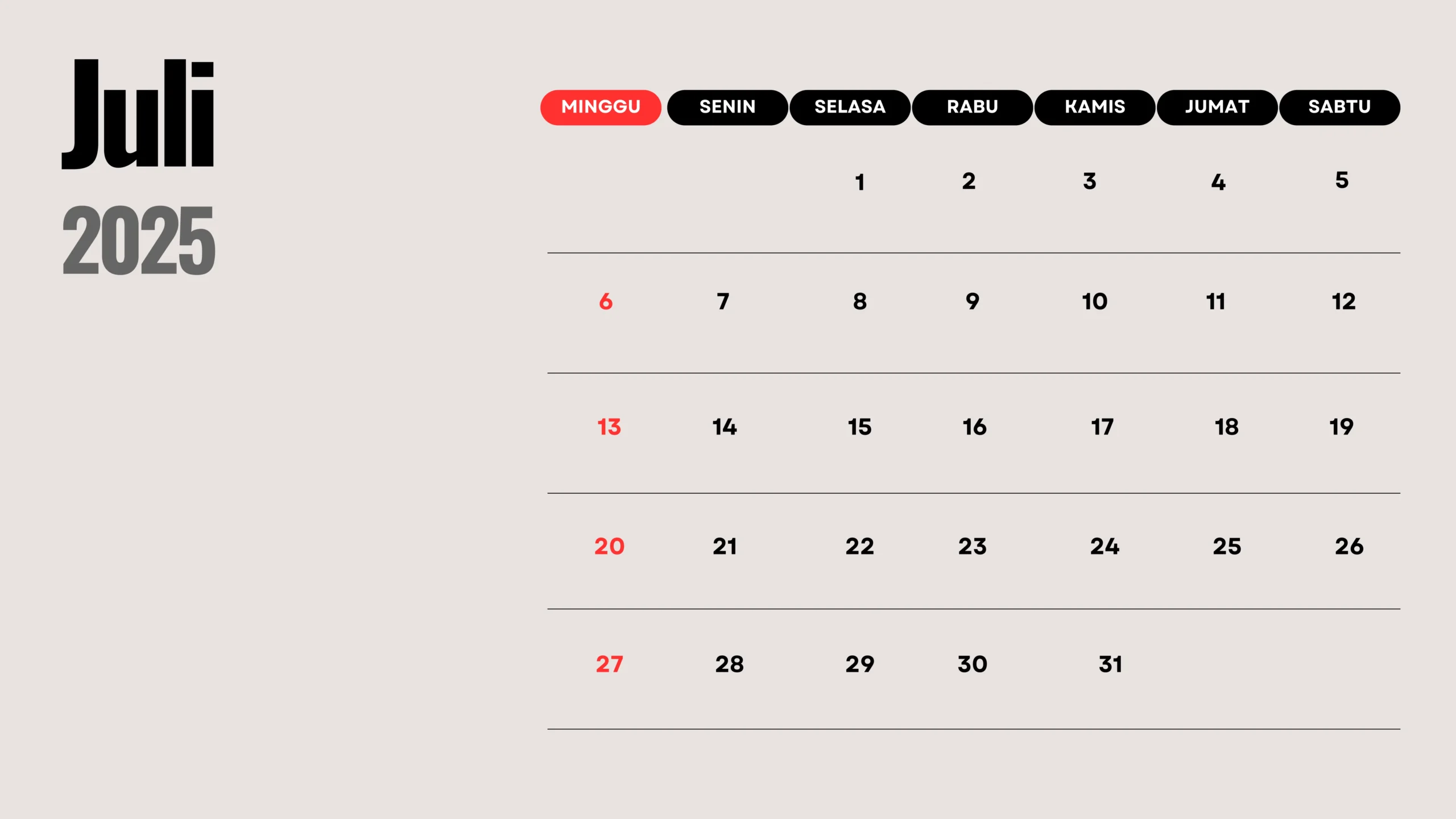 Kalender 2025 Juli